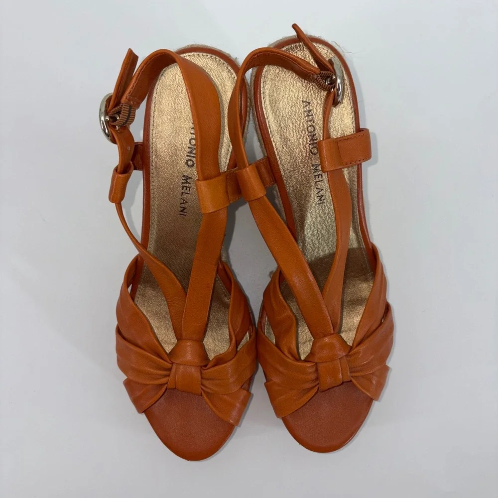 Antonio Melani Orange Leather Espadrille Wedge Sandals Bow Ankle Strap Size 8M
